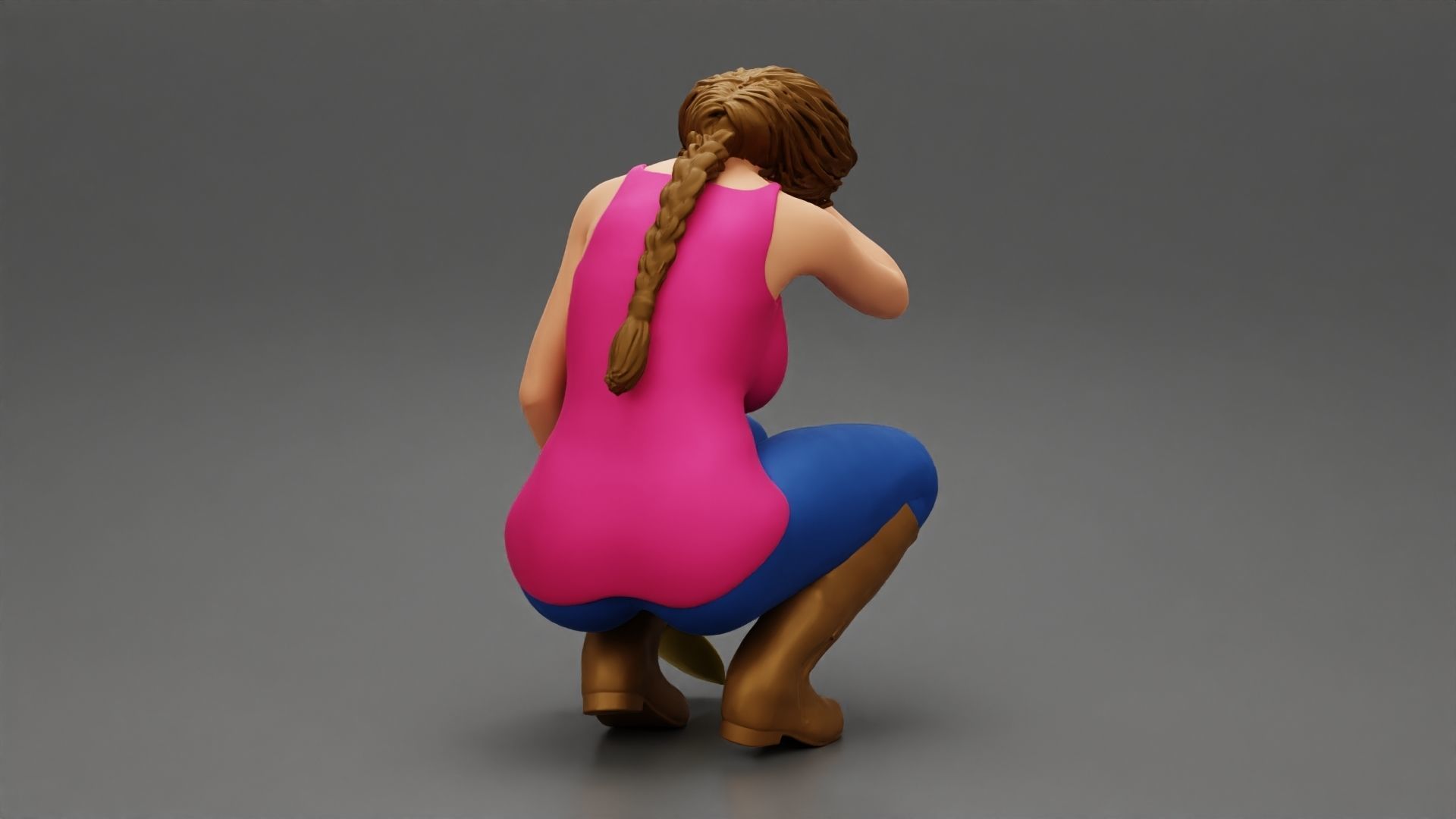 Tired woman Farmer digging soil using a small trowel sitting 3D print model_6