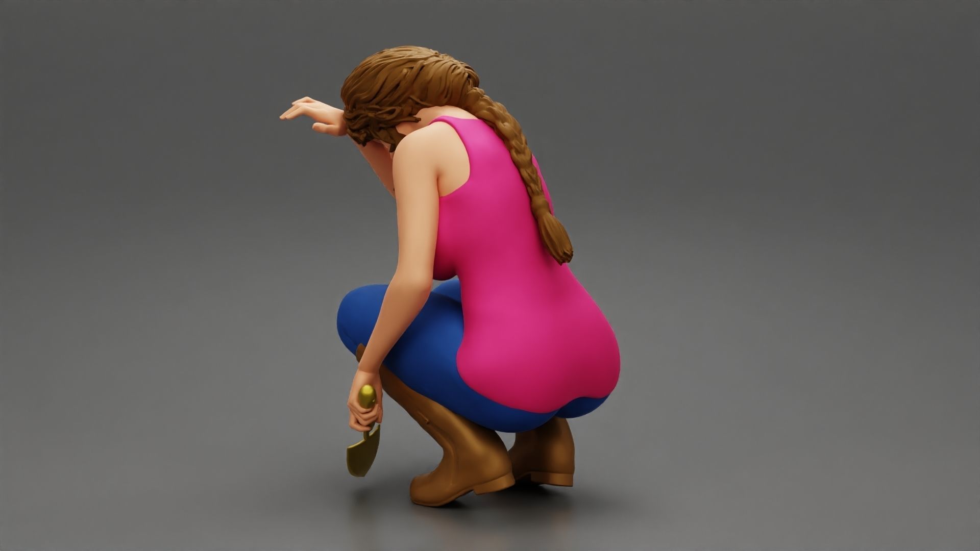 Tired woman Farmer digging soil using a small trowel sitting 3D print model_8