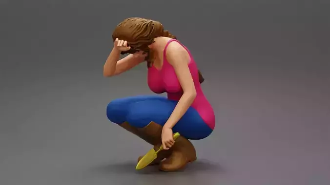 Tired woman Farmer digging soil using a small trowel sitting 3D print model