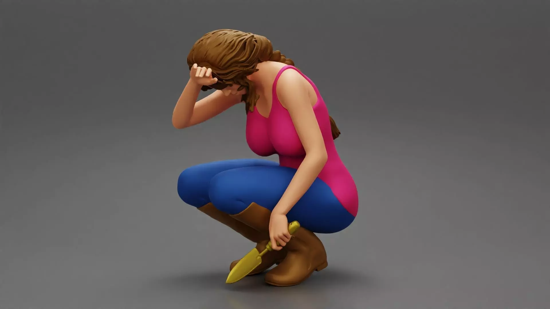 Tired woman Farmer digging soil using a small trowel sitting 3D print model_0