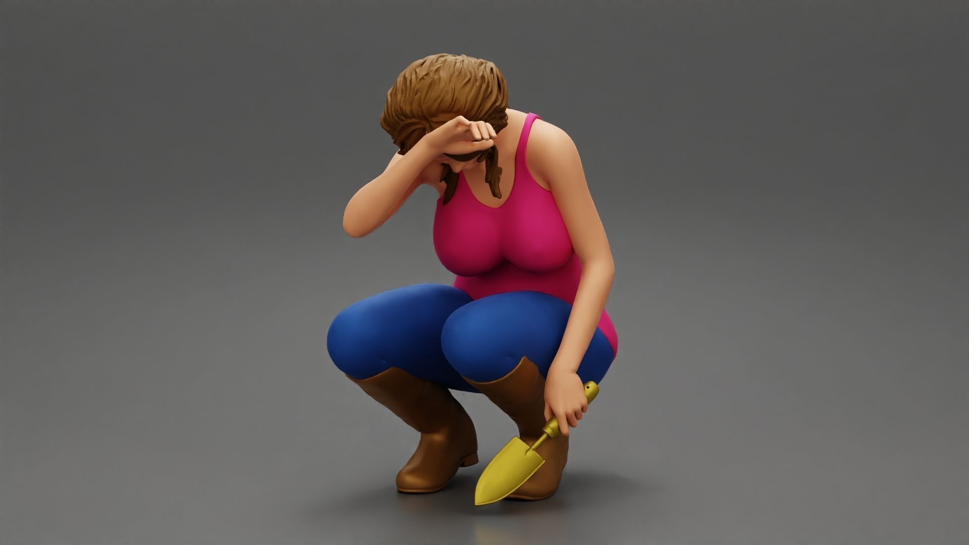 Tired woman Farmer digging soil using a small trowel sitting 3D print model_1