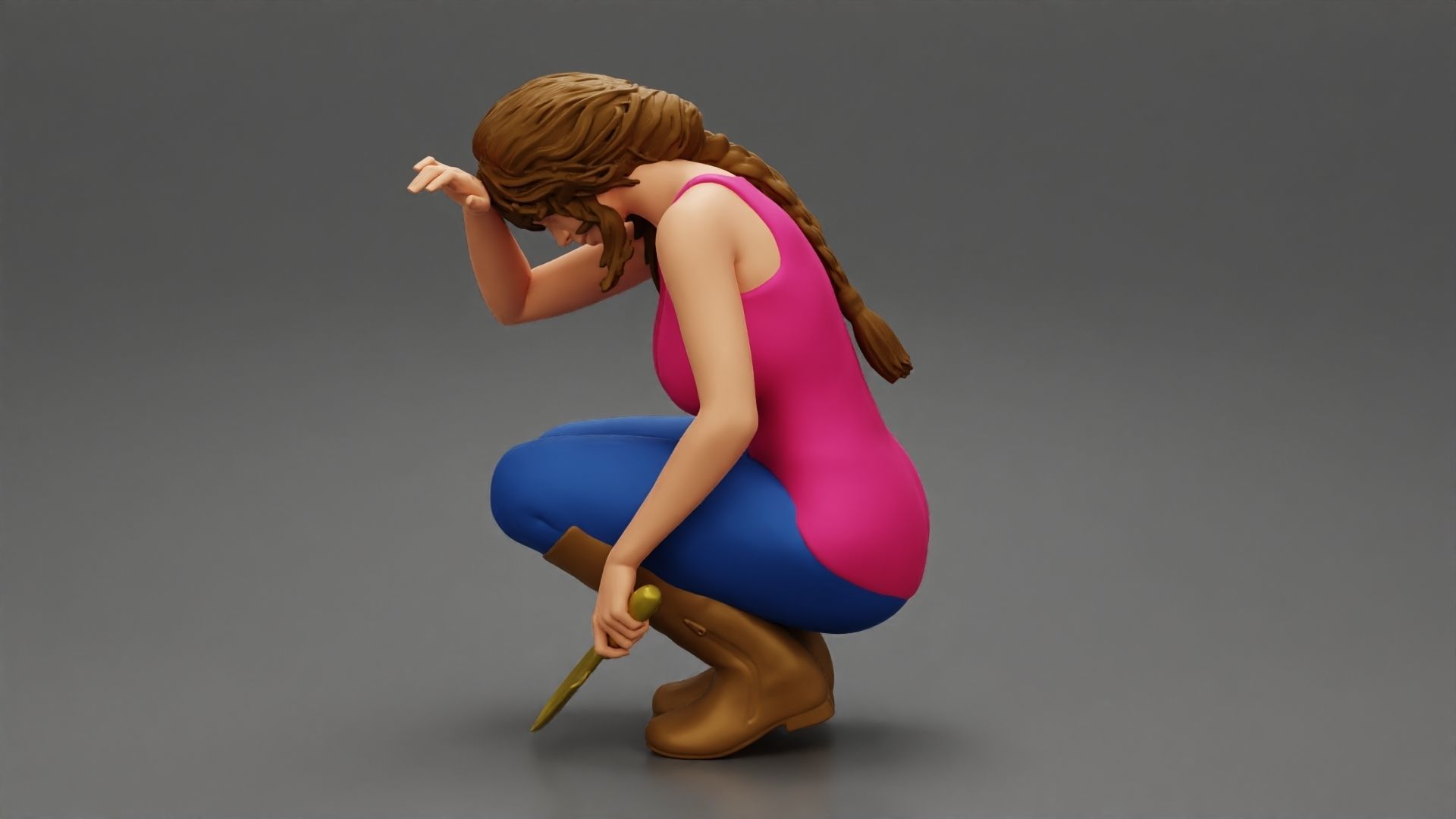 Tired woman Farmer digging soil using a small trowel sitting 3D print model_9