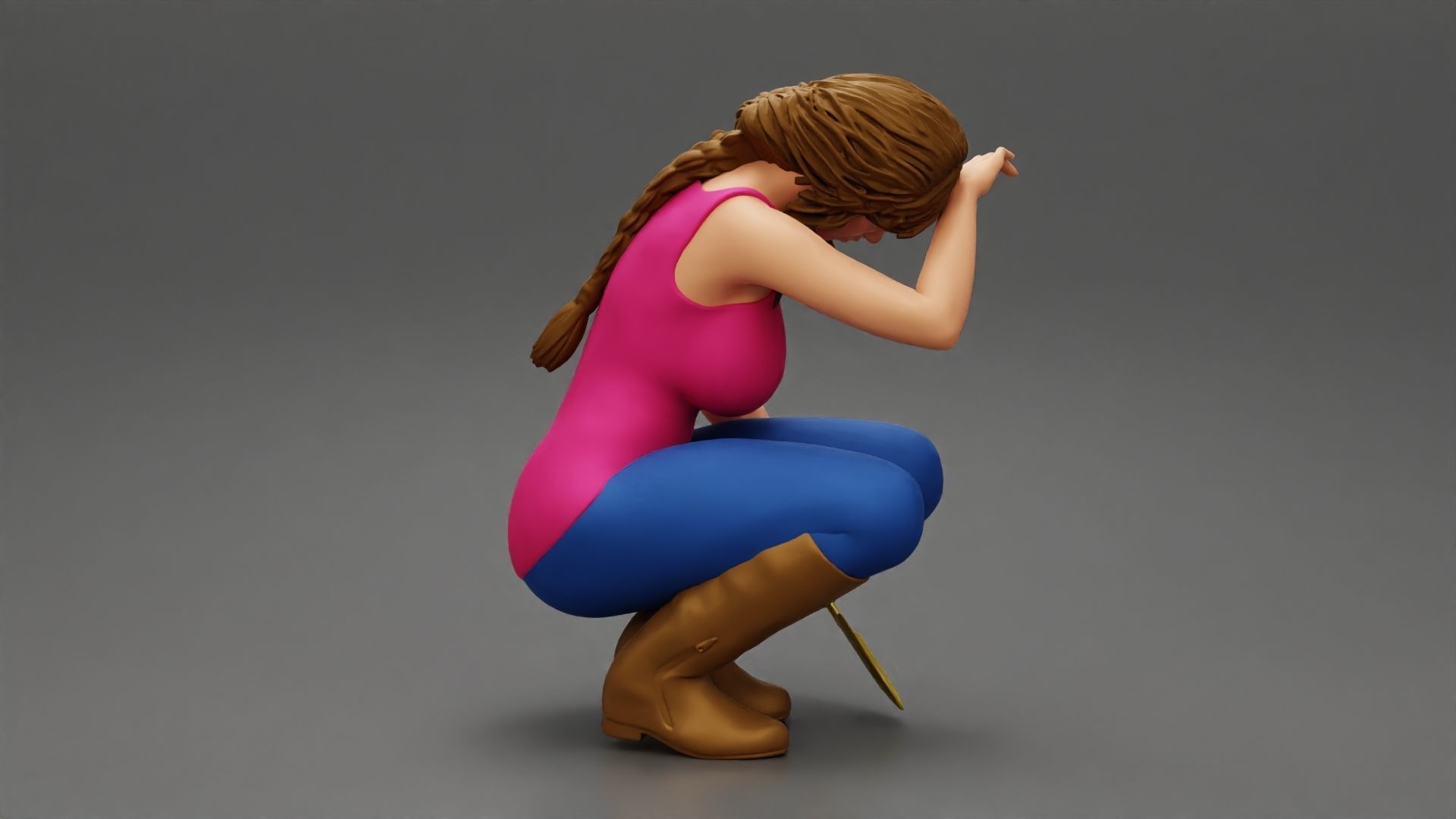 Tired woman Farmer digging soil using a small trowel sitting 3D print model_4