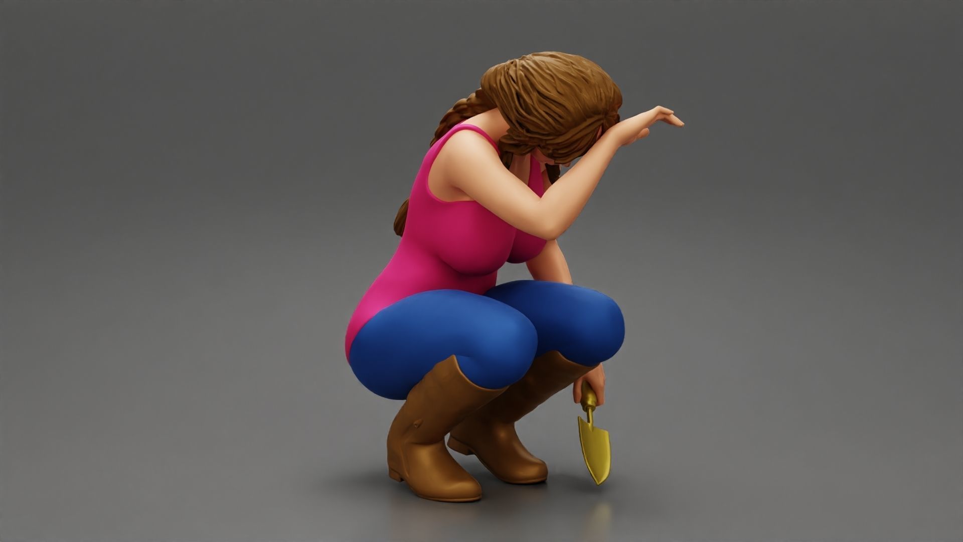 Tired woman Farmer digging soil using a small trowel sitting 3D print model_3