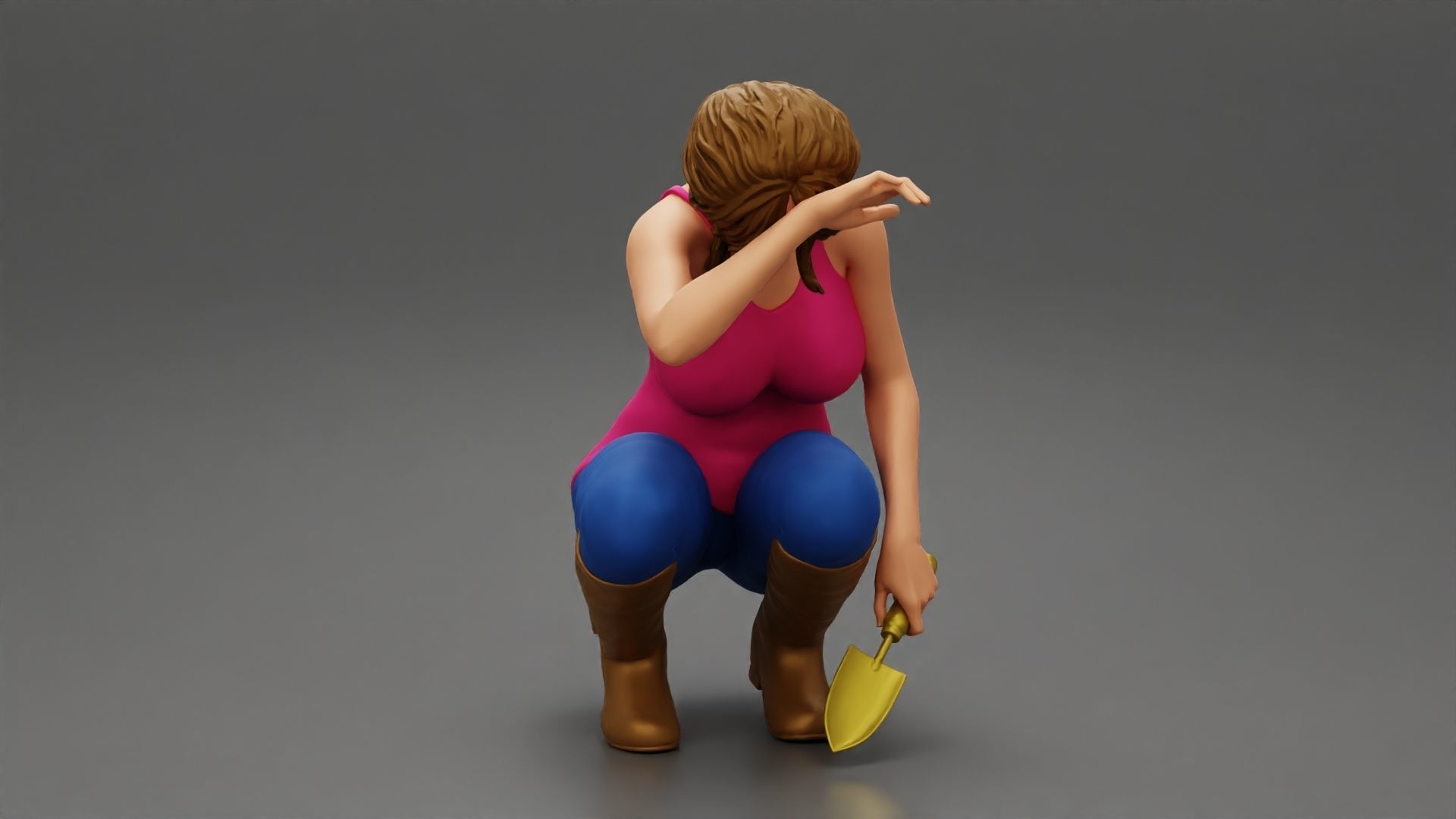 Tired woman Farmer digging soil using a small trowel sitting 3D print model_2