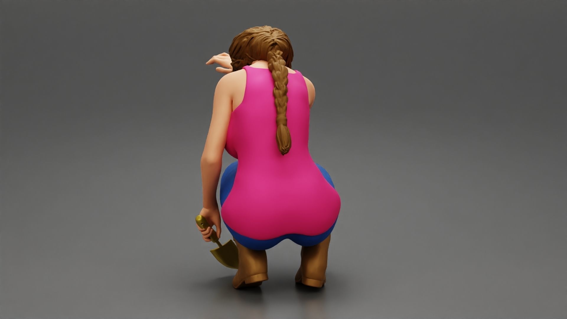 Tired woman Farmer digging soil using a small trowel sitting 3D print model_7