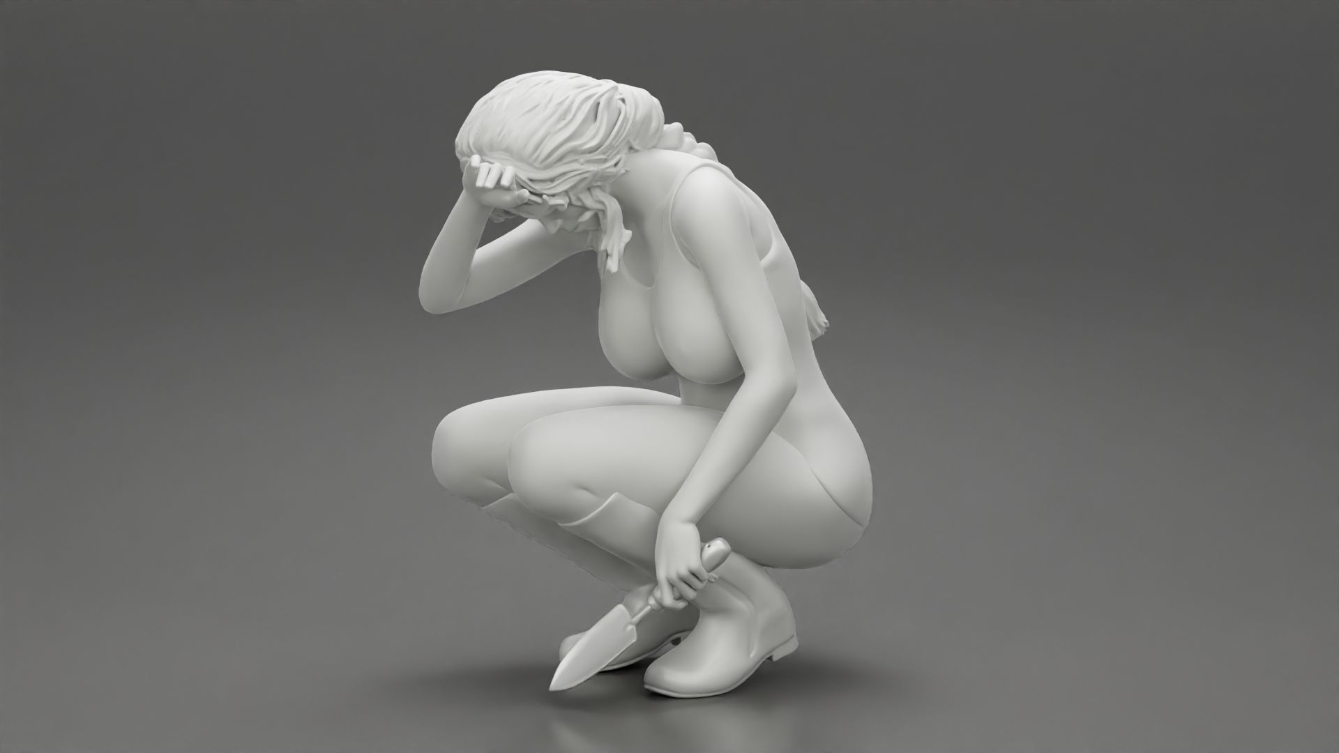 Tired woman Farmer digging soil using a small trowel sitting 3D print model_10