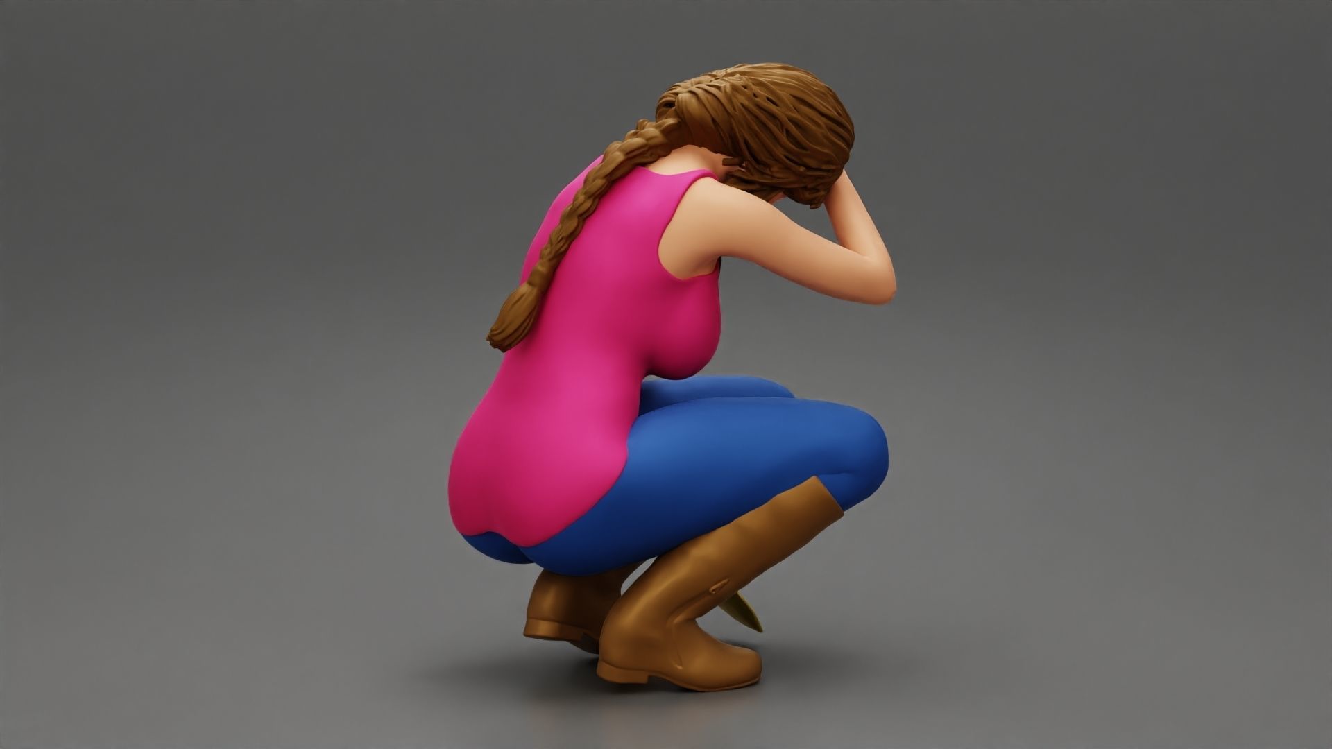 Tired woman Farmer digging soil using a small trowel sitting 3D print model_5