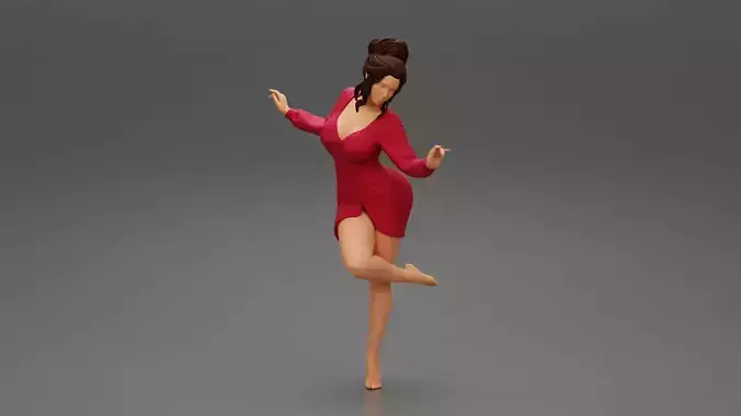 Happy Young Woman in Summer Dress standing in one leg