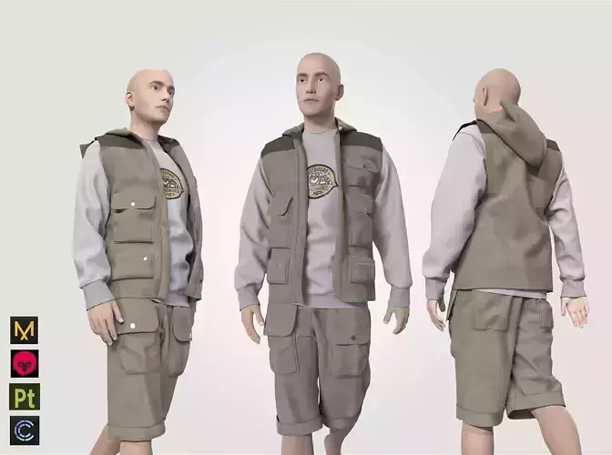 Tactical man outfit streetwear shorts jacket shirt  3D model