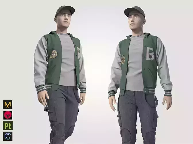 streetwear boy outfit baseball jacket pants shirt hat cap 3D model