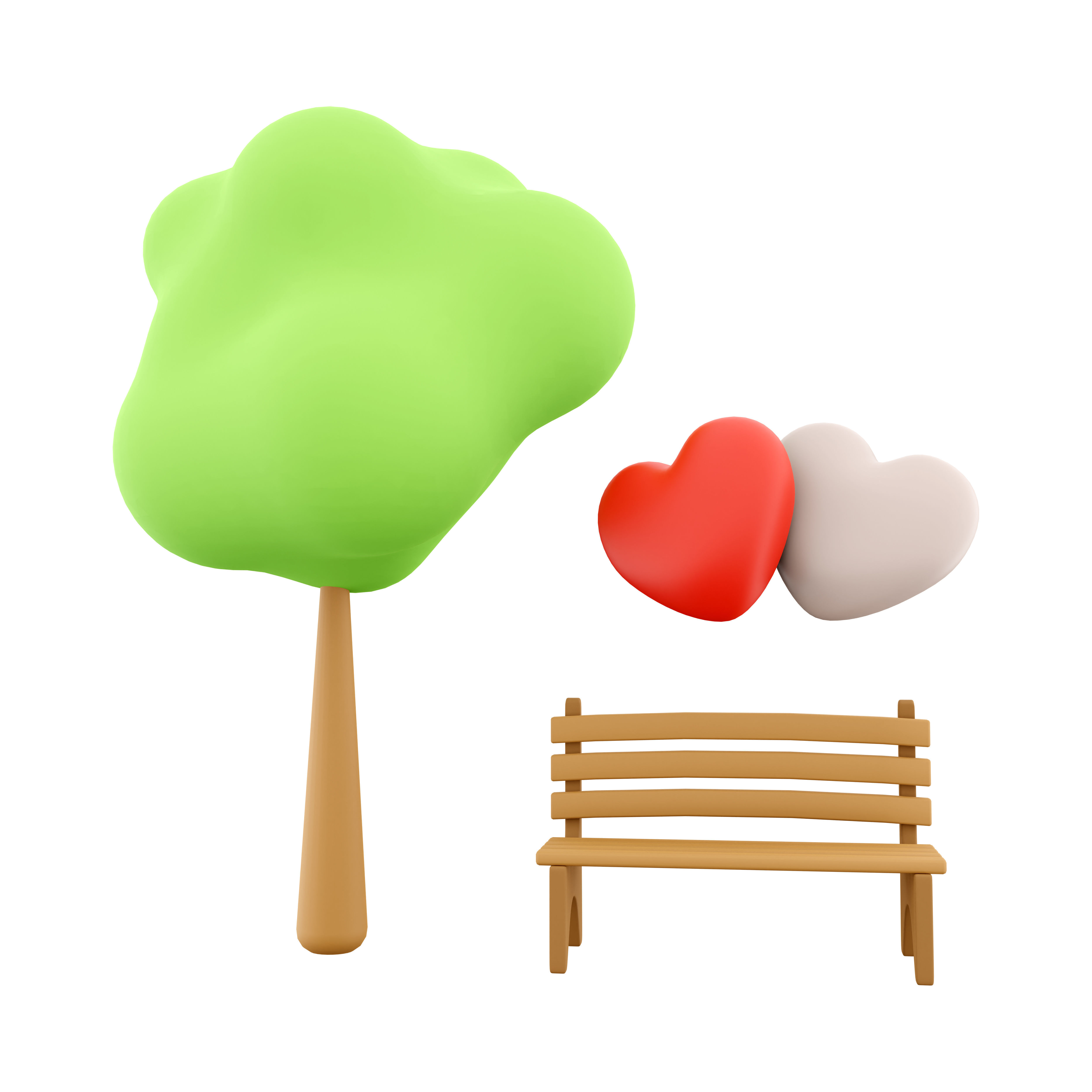 3d  icon of two loving hearts on a bench near a tree 3D model_4