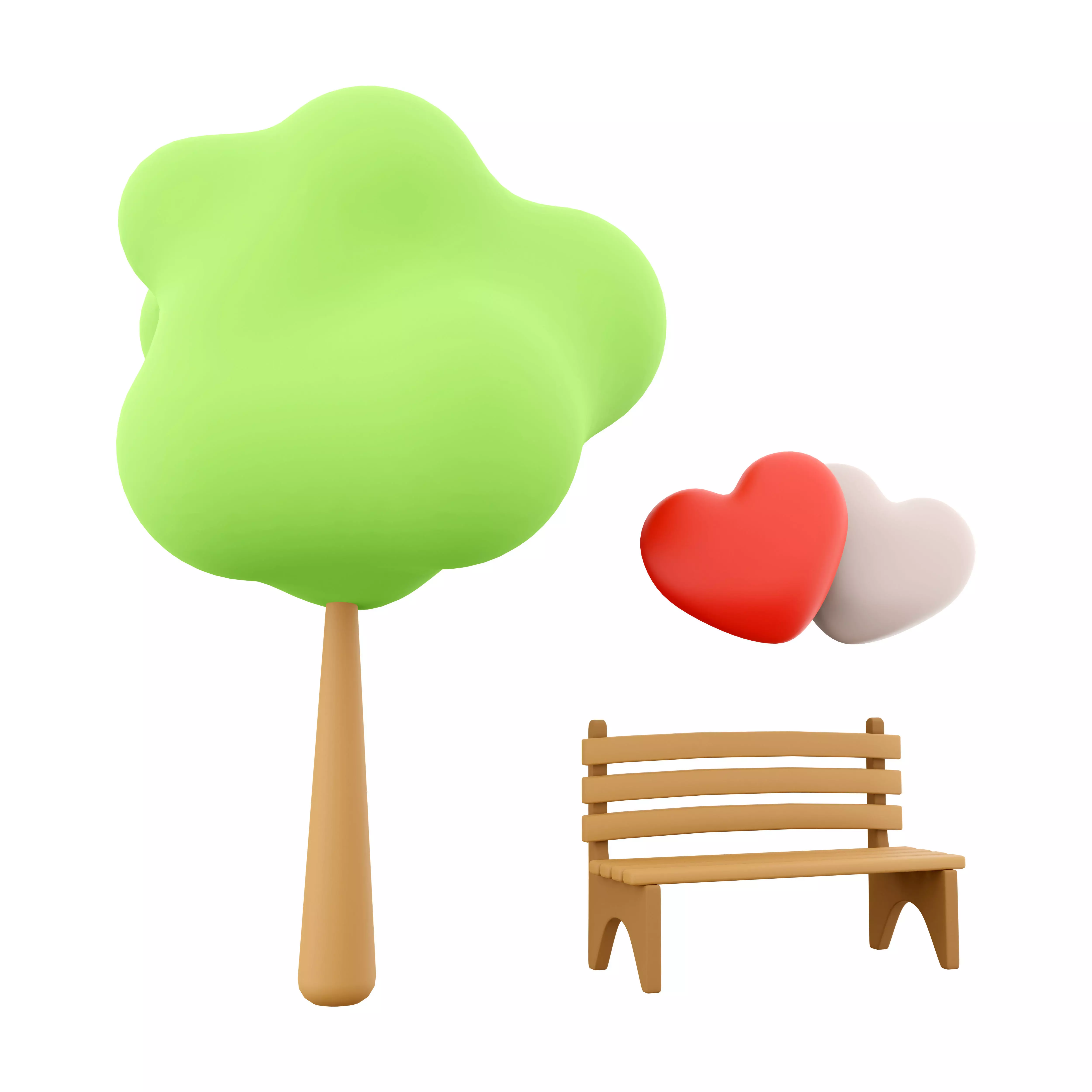 3d  icon of two loving hearts on a bench near a tree 3D model_0