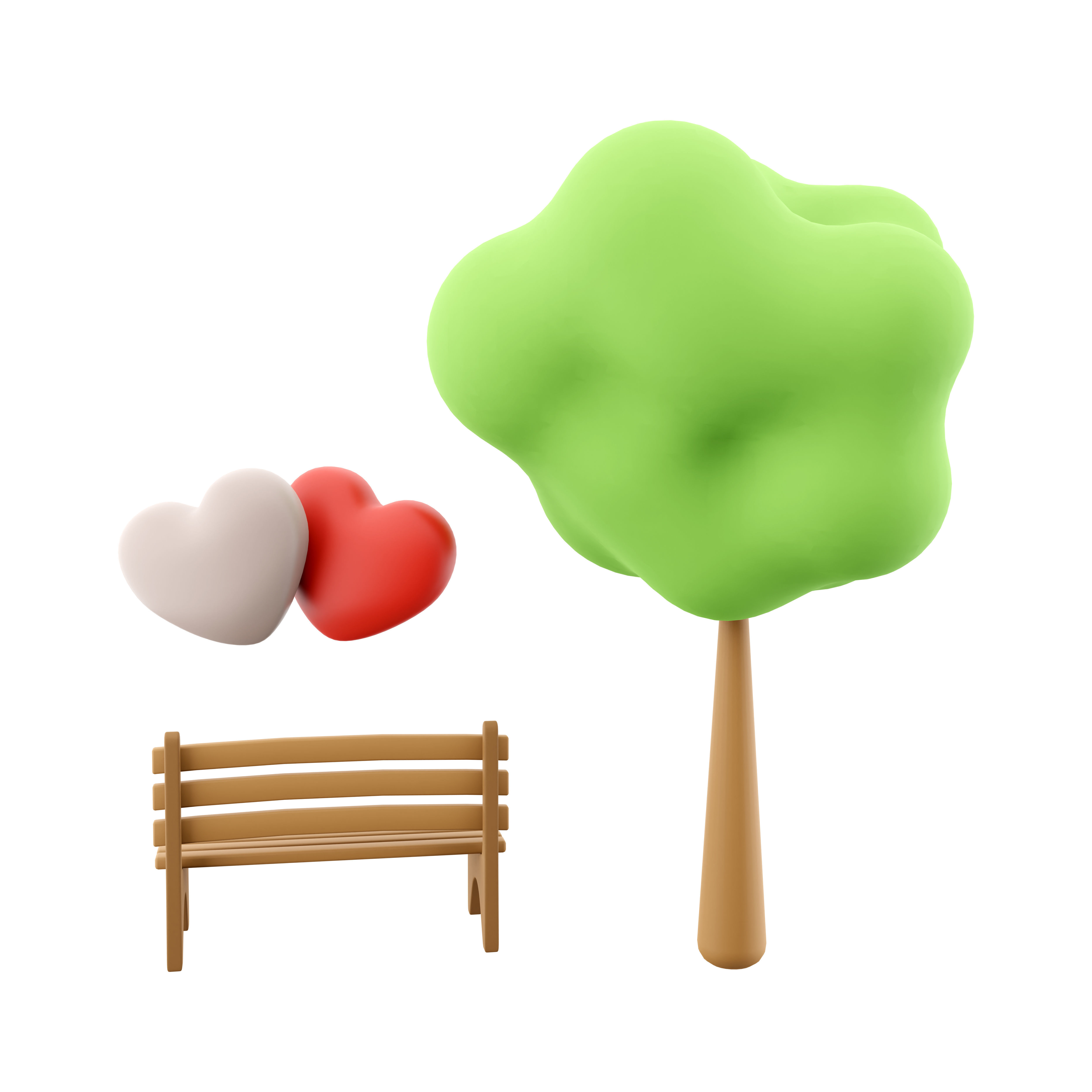 3d  icon of two loving hearts on a bench near a tree 3D model_1