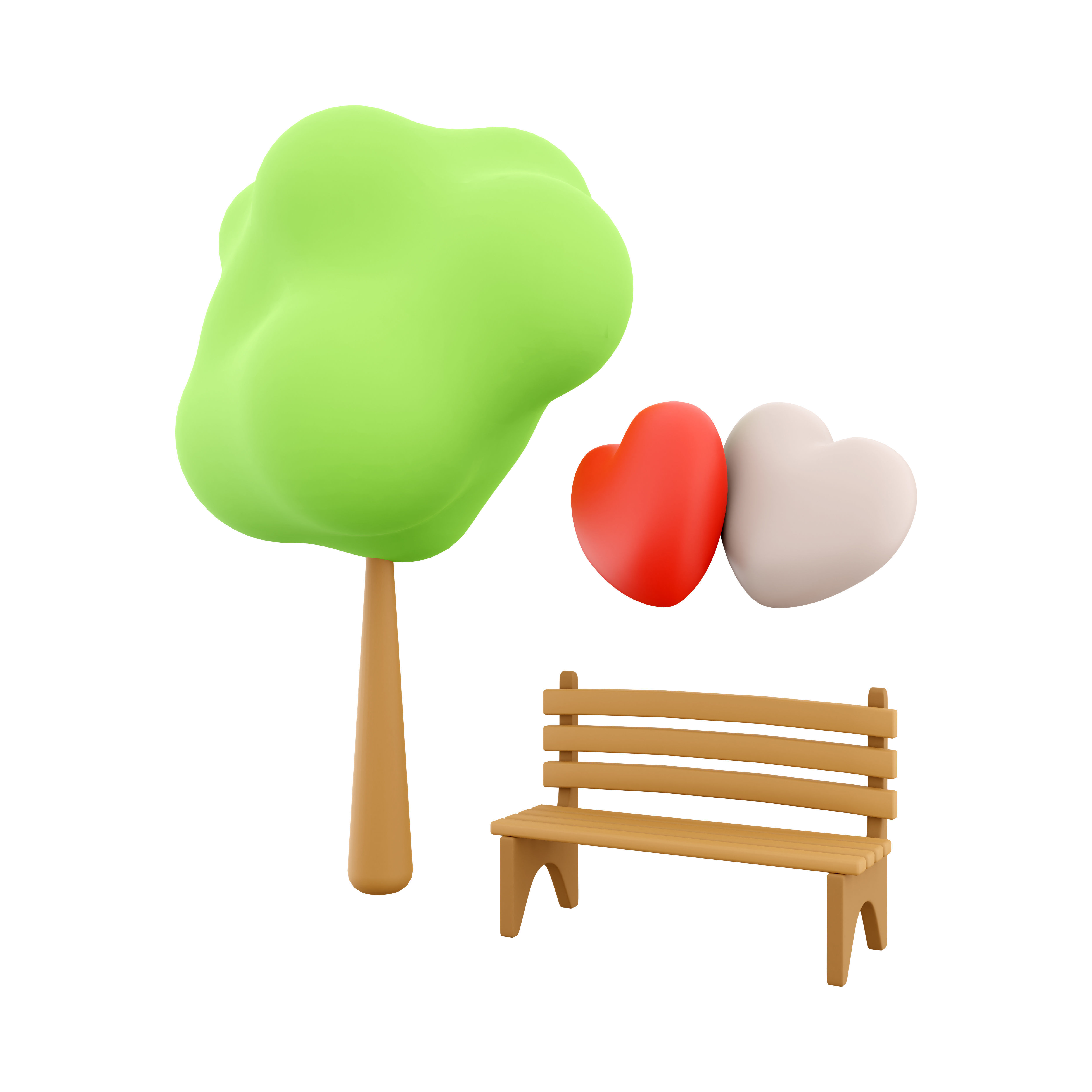 3d  icon of two loving hearts on a bench near a tree 3D model_2