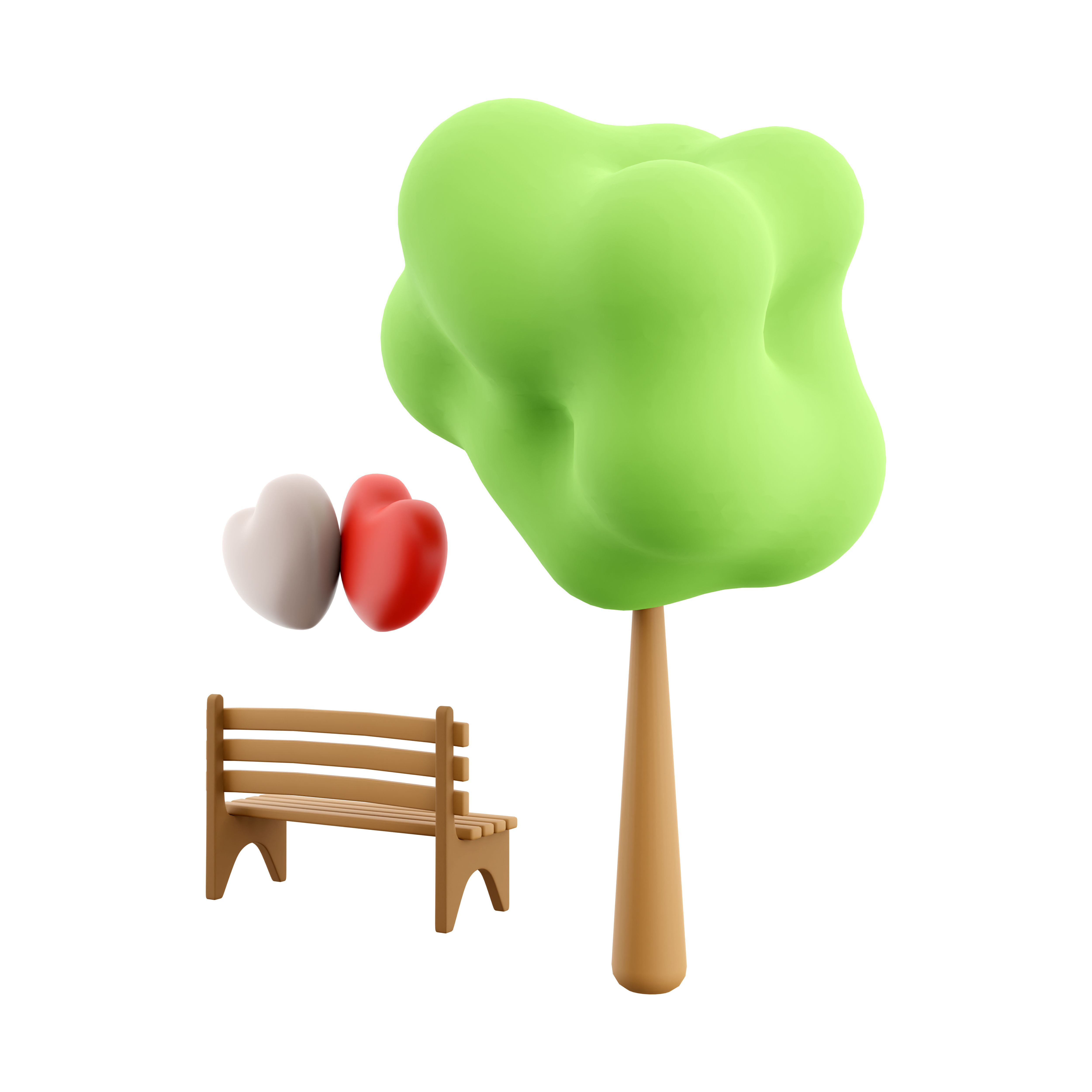 3d  icon of two loving hearts on a bench near a tree 3D model_3