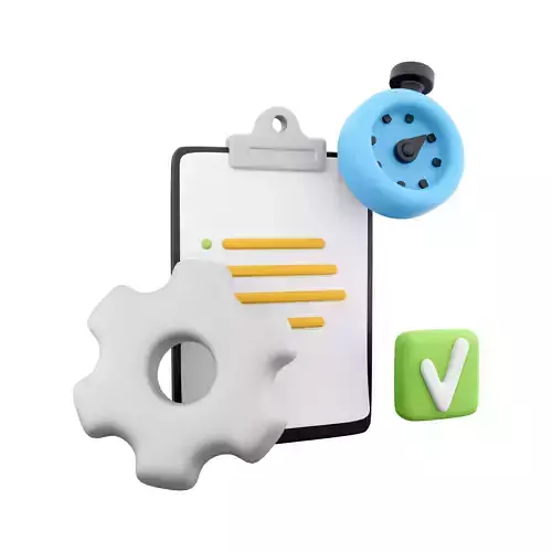3d clipboard with alarm clock and gear icon