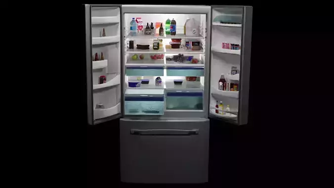 A modern three door refrigerator full of food 