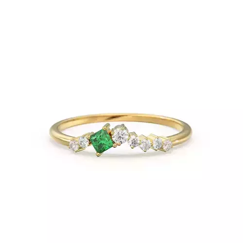 Princess Cut Emerald Gold Band Round Diamond Cluster Ring 3D
