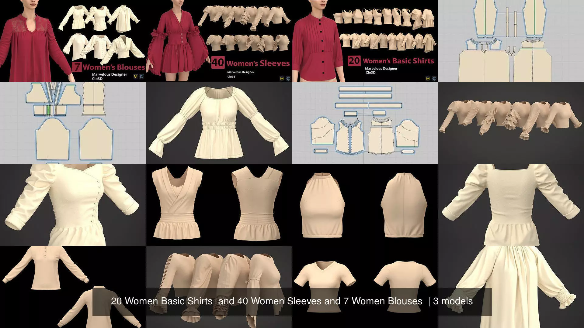 20 Women Basic Shirts  and 40 Women Sleeves and 7 Women Blouses  3D Model Collection_0
