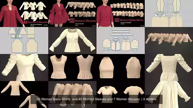 20 Women Basic Shirts  and 40 Women Sleeves and 7 Women Blouses  3D Model Collection