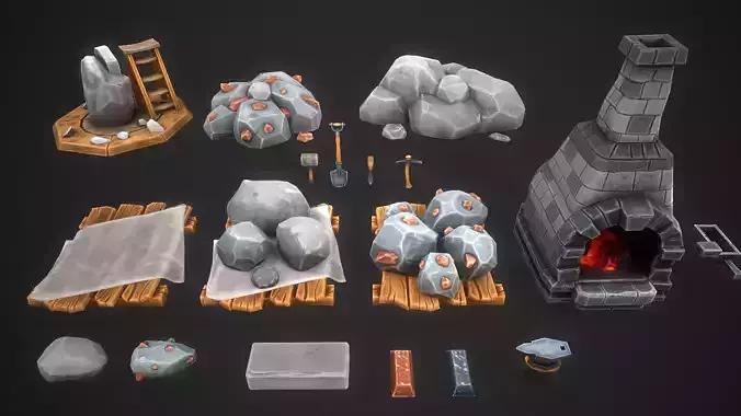 Stylized Stone and Iron Resource Pack Low-poly 3D model