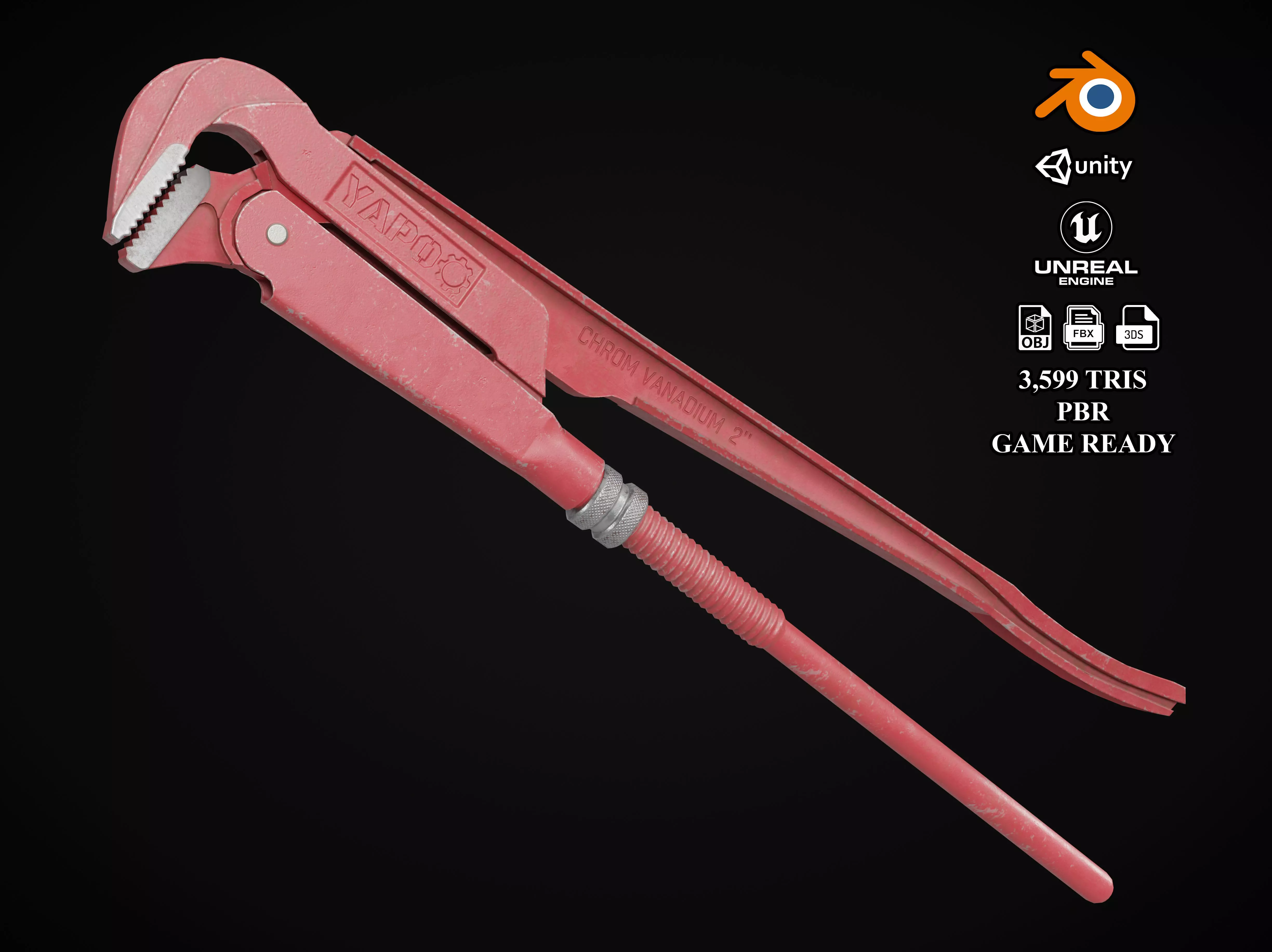 Adjustable Pipe Wrench Low-poly 3D model_0