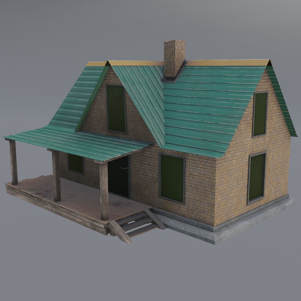 Old neglected yellow brick house with a canopy Low-poly 3D model_2