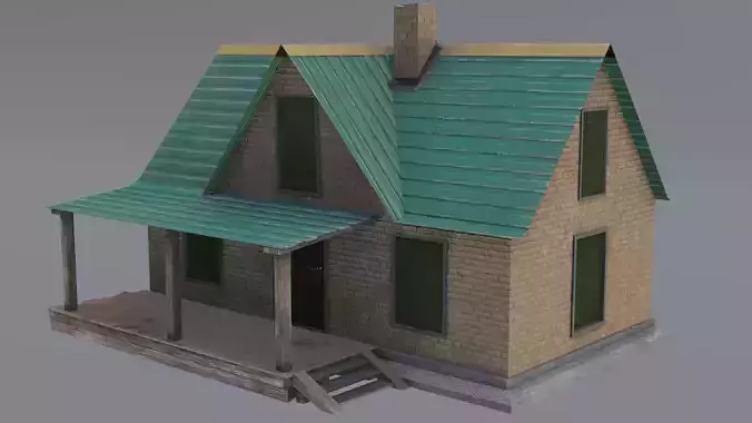 Old neglected yellow brick house with a canopy Low-poly 3D model