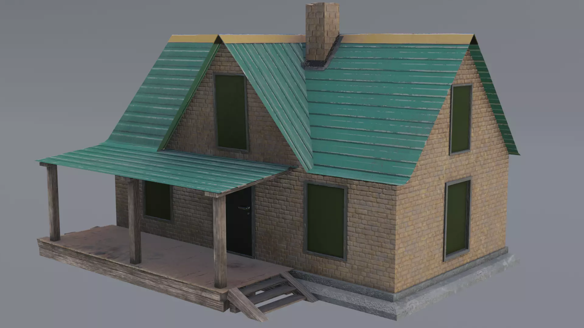 Old neglected yellow brick house with a canopy Low-poly 3D model_0