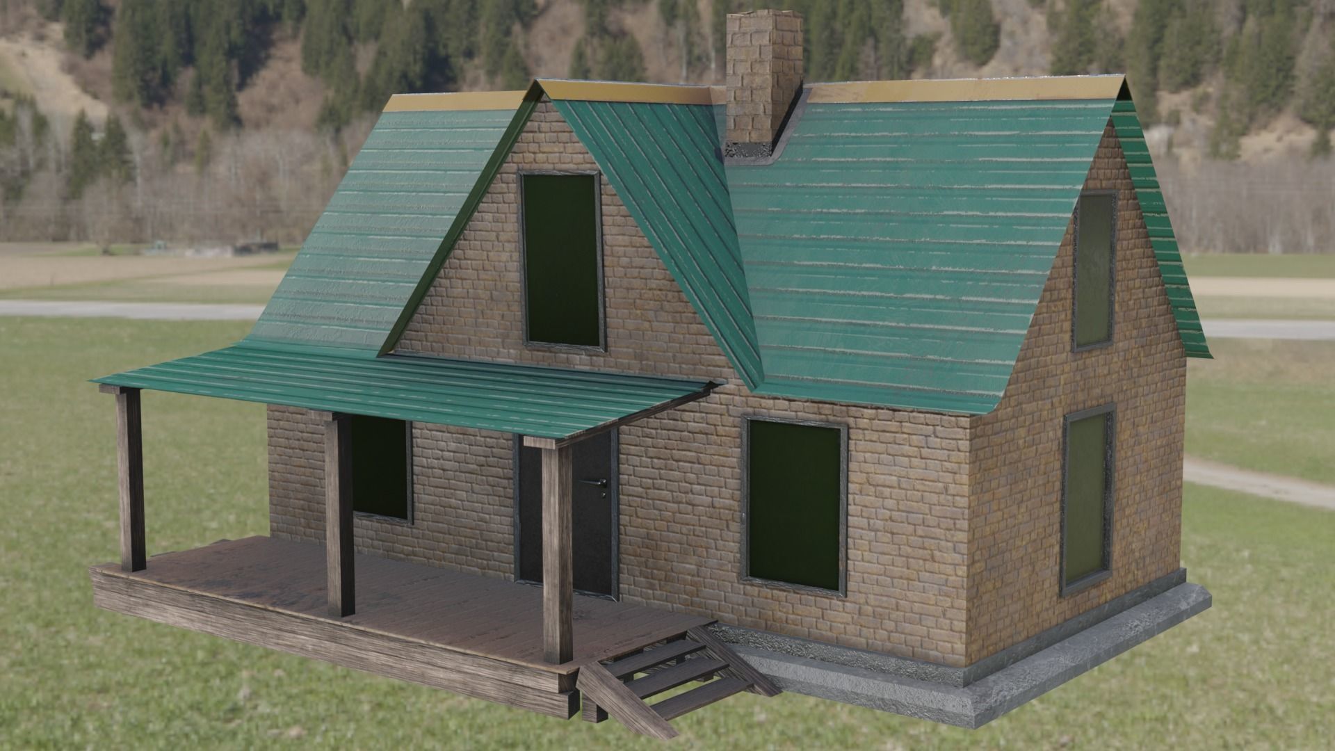 Old neglected yellow brick house with a canopy Low-poly 3D model_8