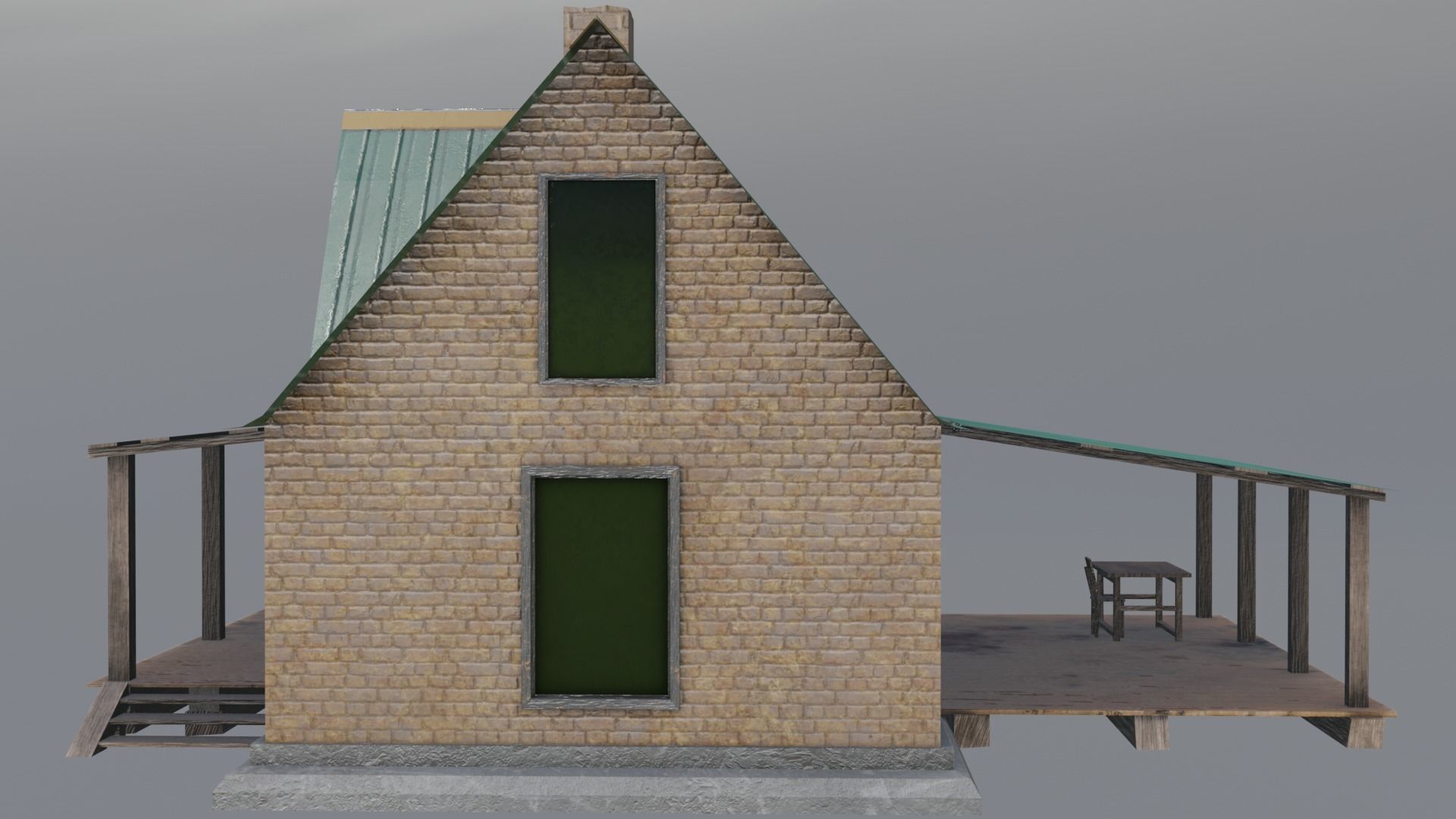 Old neglected yellow brick house with a canopy Low-poly 3D model_6