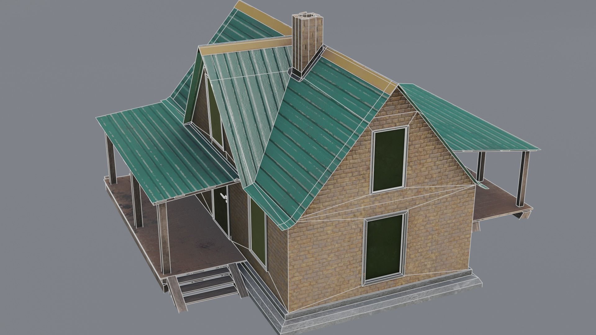 Old neglected yellow brick house with a canopy Low-poly 3D model_9