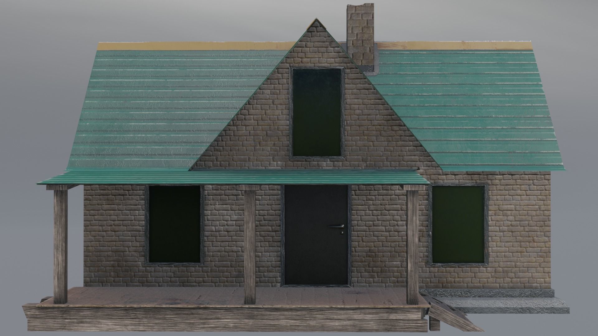 Old neglected yellow brick house with a canopy Low-poly 3D model_5