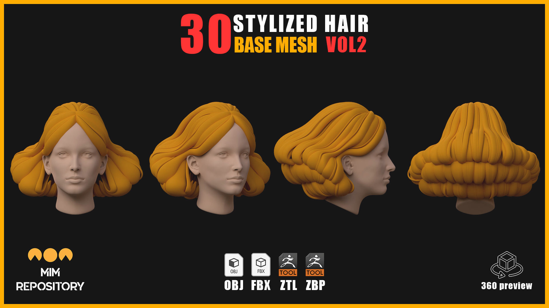 30 Stylized Hair Base Mesh  - VOL 02 3D model_4