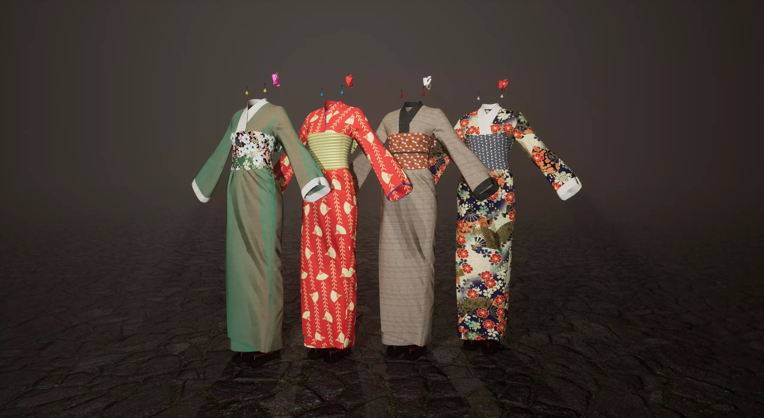 Low Poly Kimono group of kimonos Low-poly 3D model_0