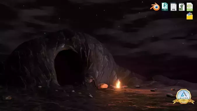 Spooky cave with an animated Fire