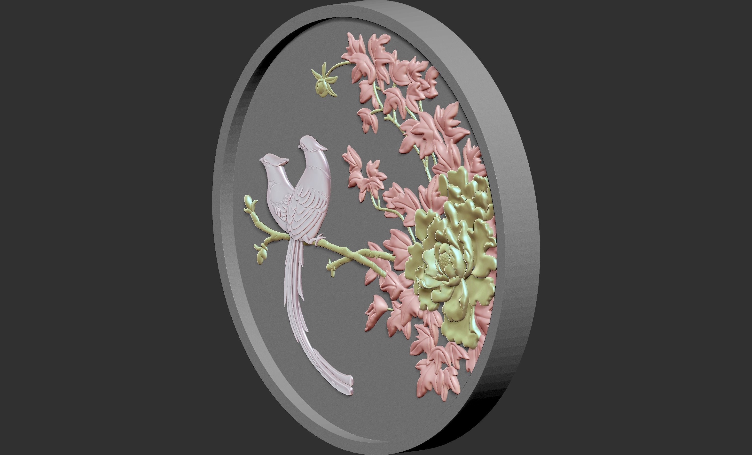 Peony bird relief 3D model_3