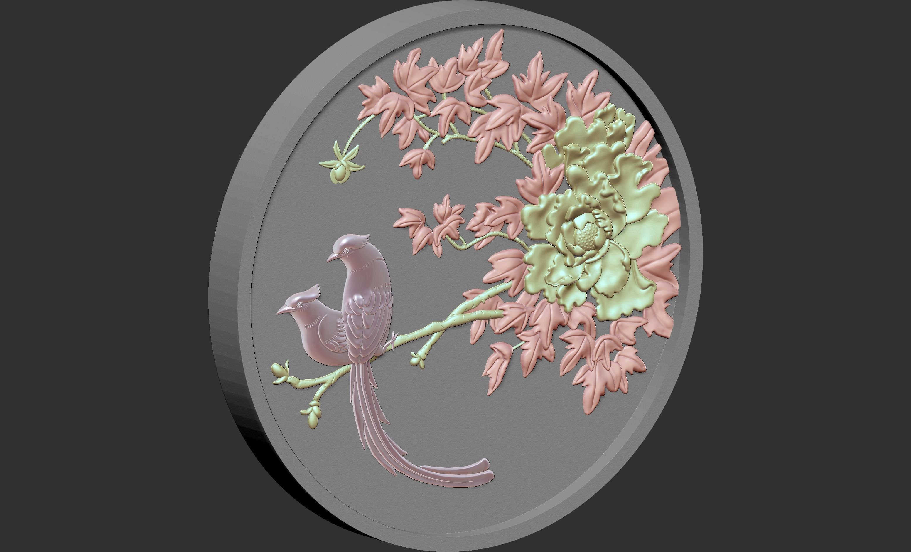 Peony bird relief 3D model_6