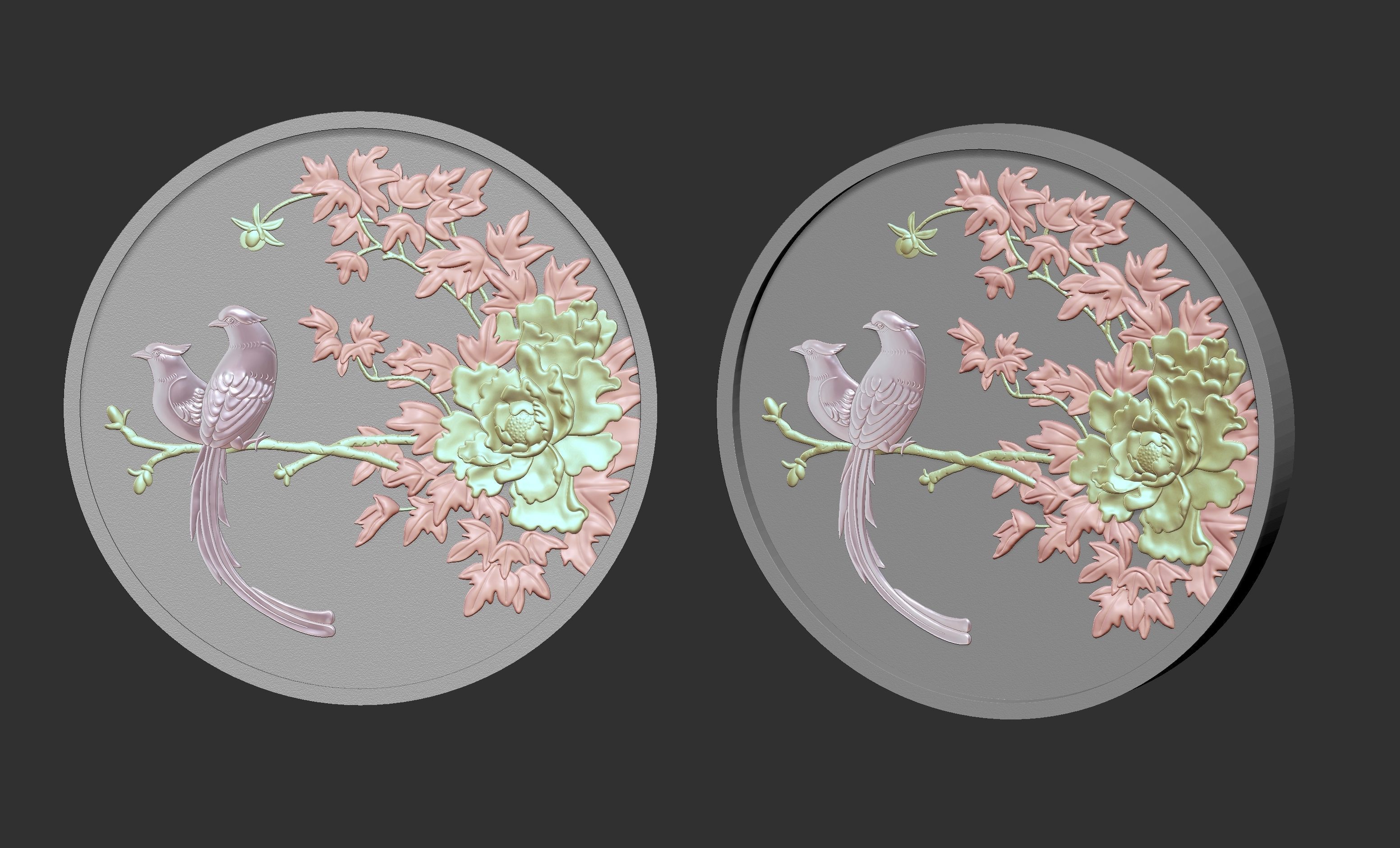 Peony bird relief 3D model_1