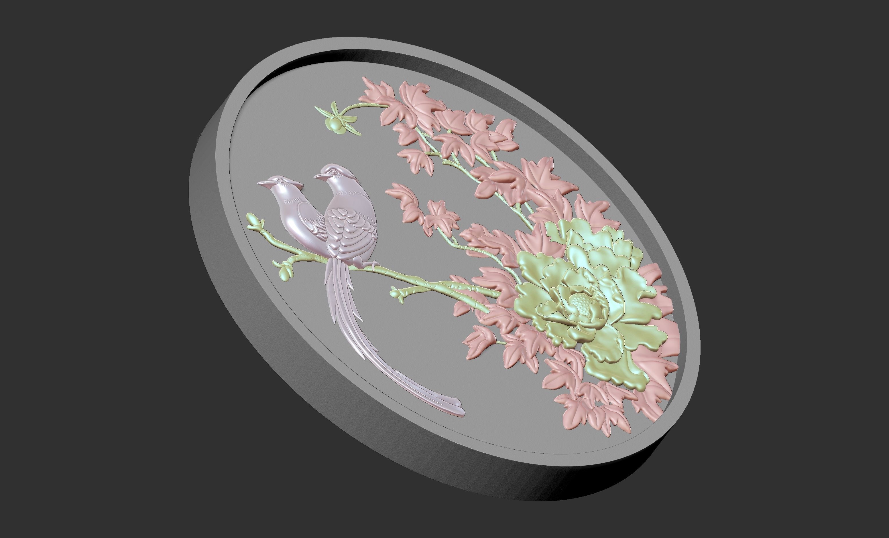 Peony bird relief 3D model_5