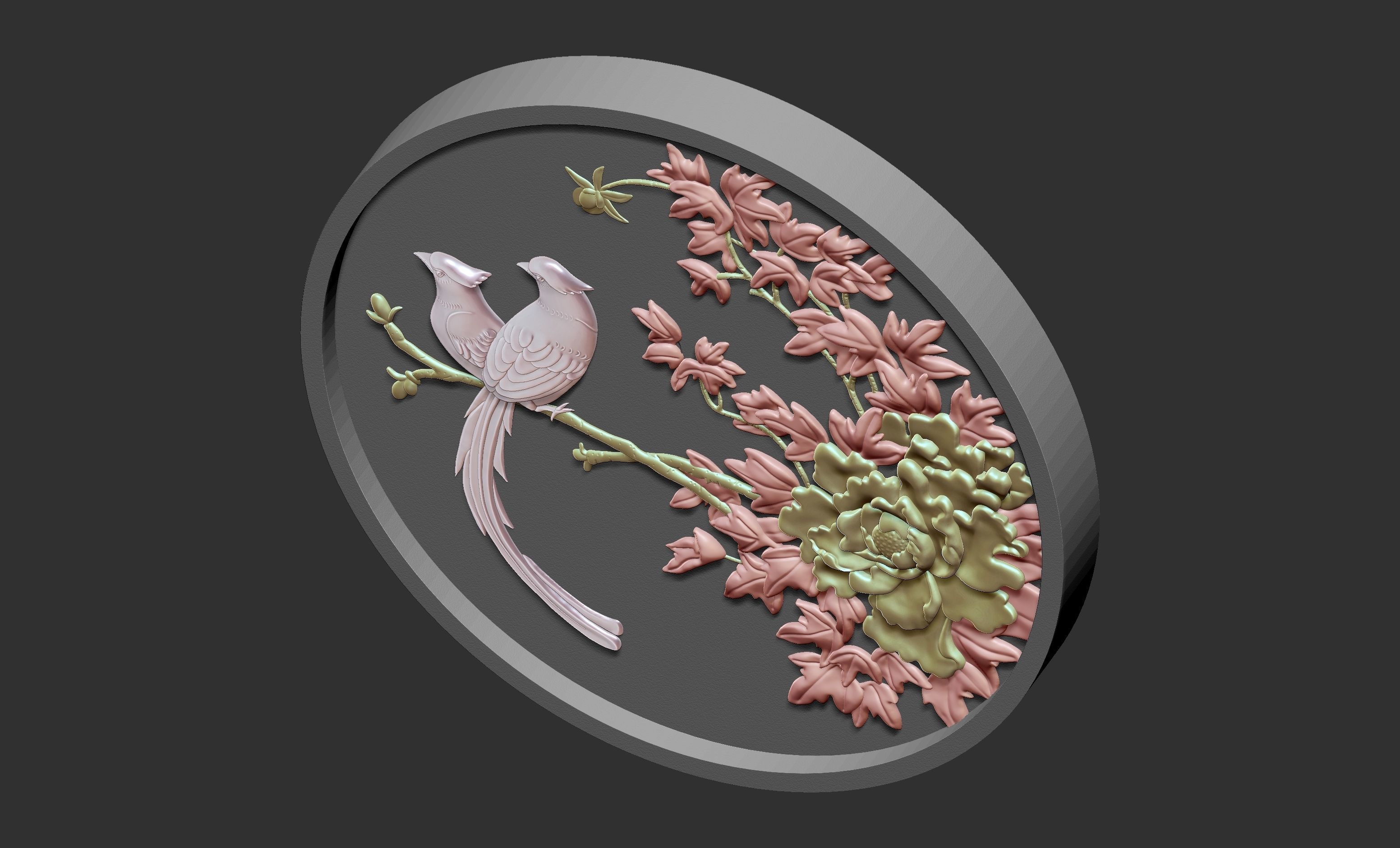 Peony bird relief 3D model_7