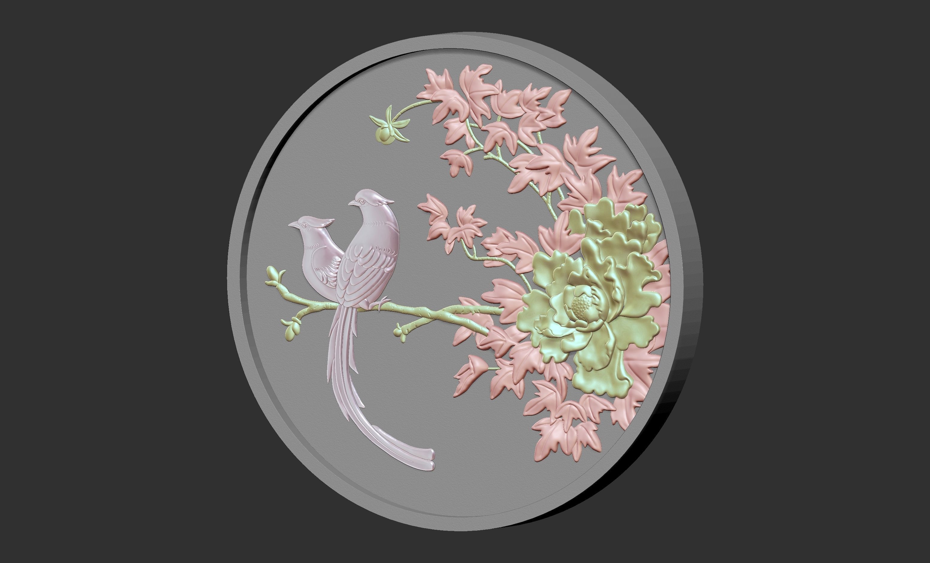 Peony bird relief 3D model_4