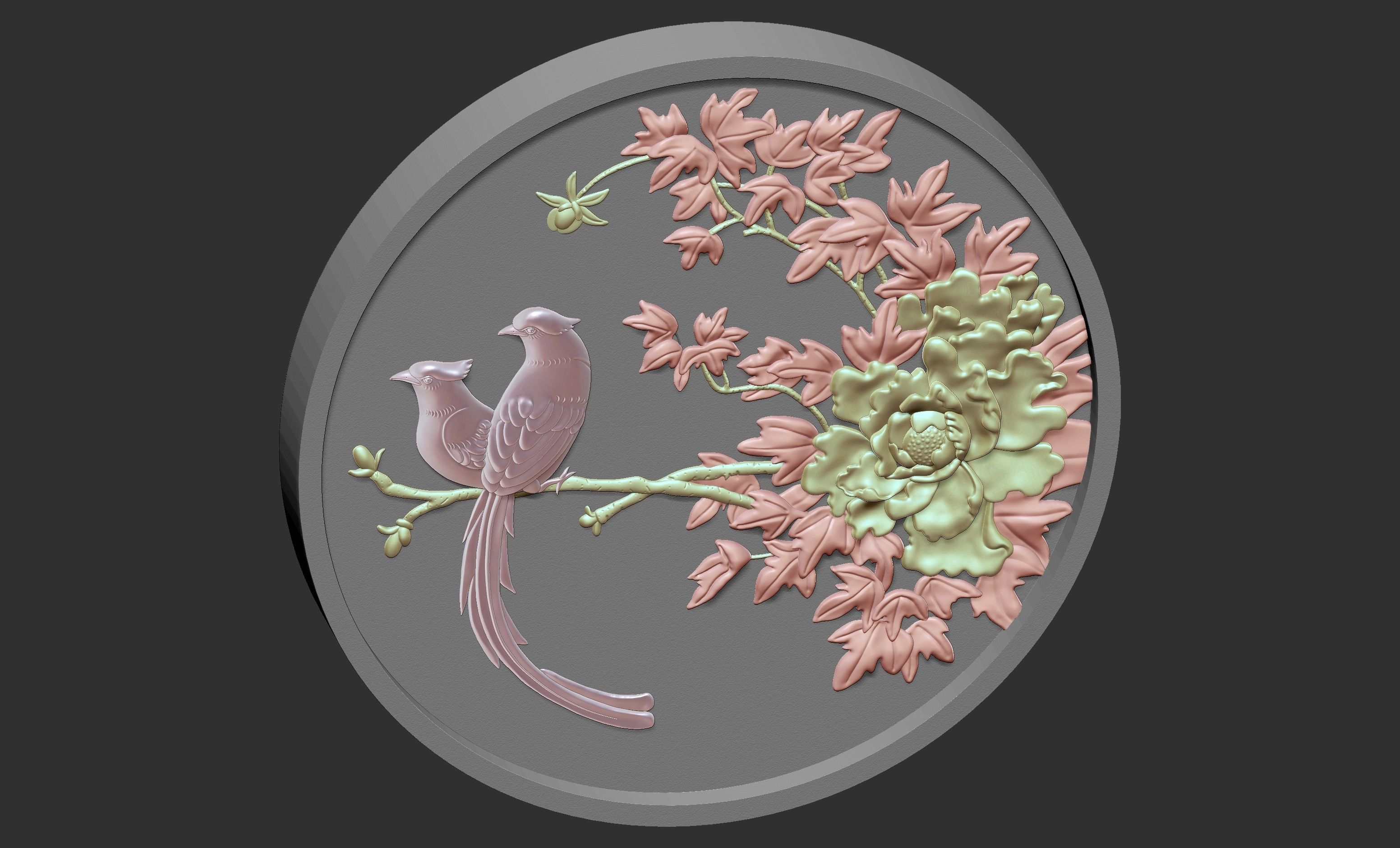 Peony bird relief 3D model_2