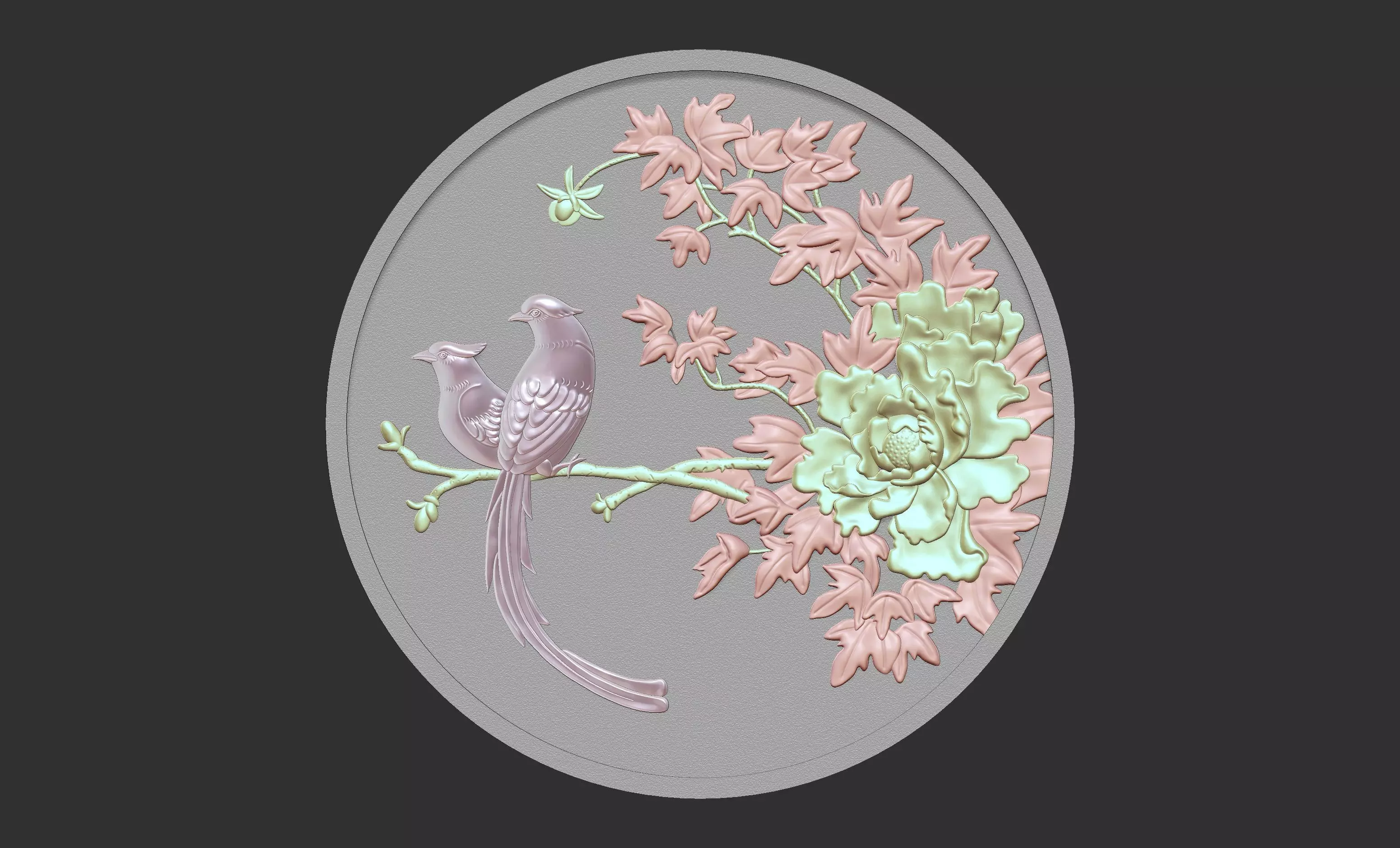 Peony bird relief 3D model_0