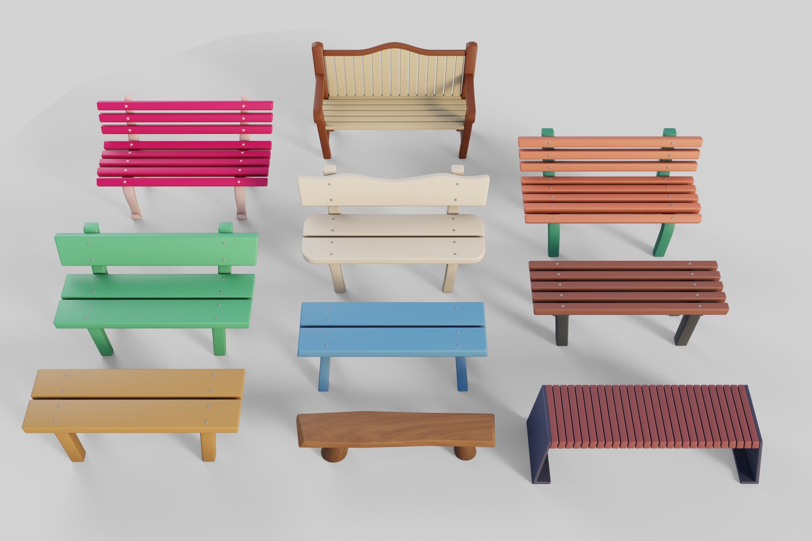 Cartoon Benches Collection Low-poly 3D model_1
