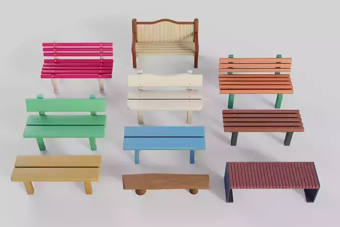 Cartoon Benches Collection Low-poly 3D model