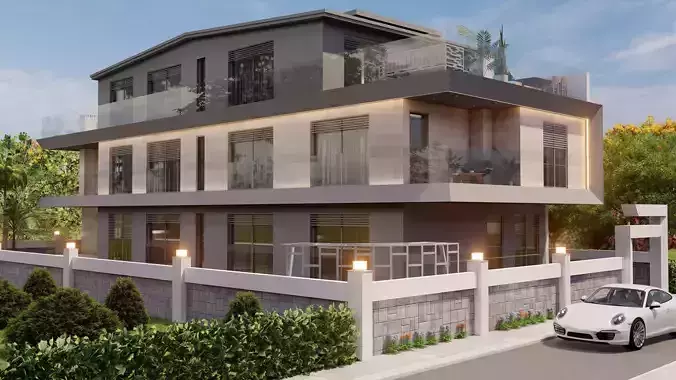 Villa apartment building with car parked