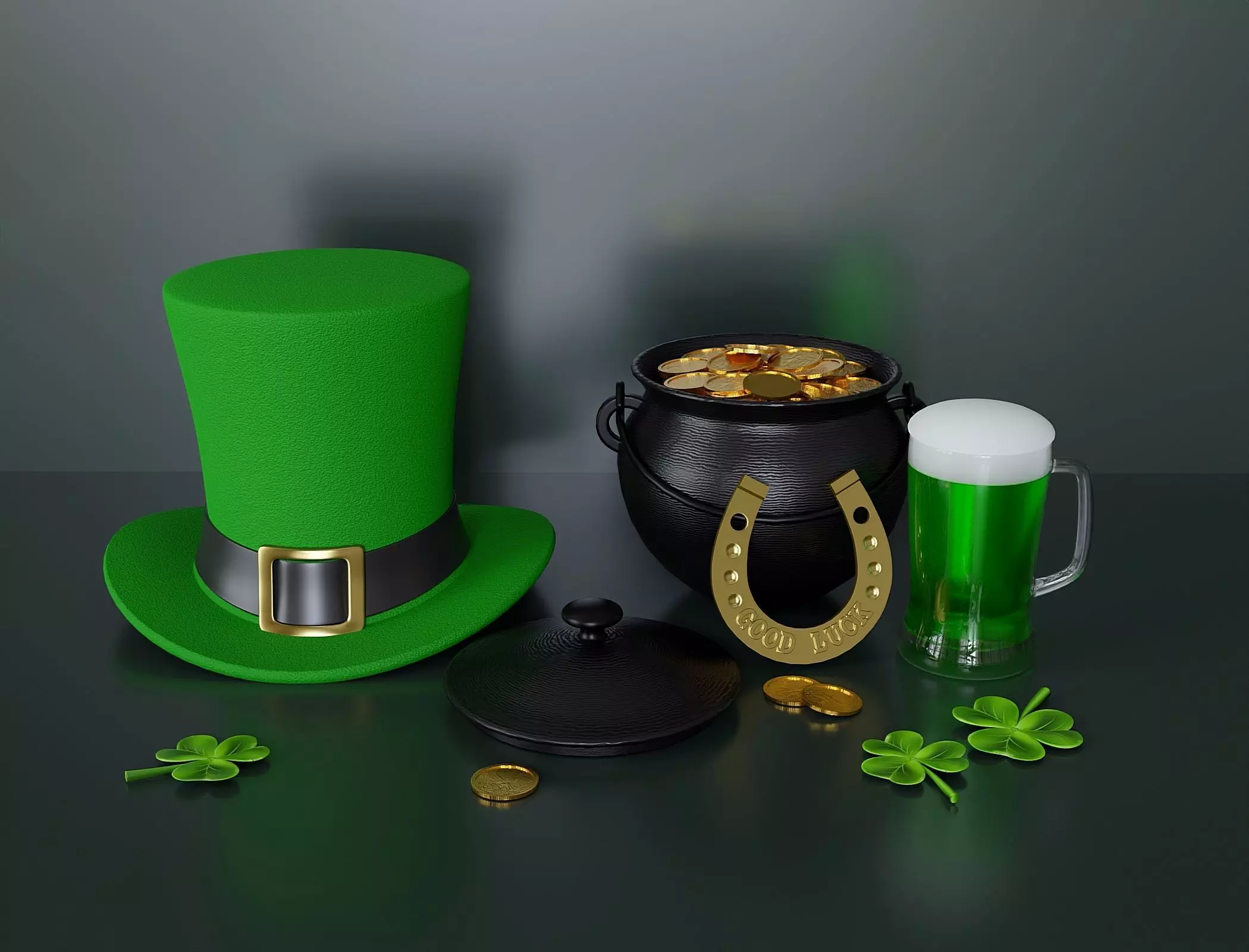 Set of attributes for St Patrick holiday 3D model