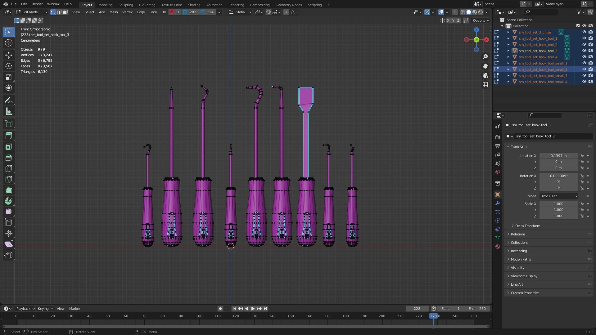Tool Set 3 with handle Low-poly 3D model_9